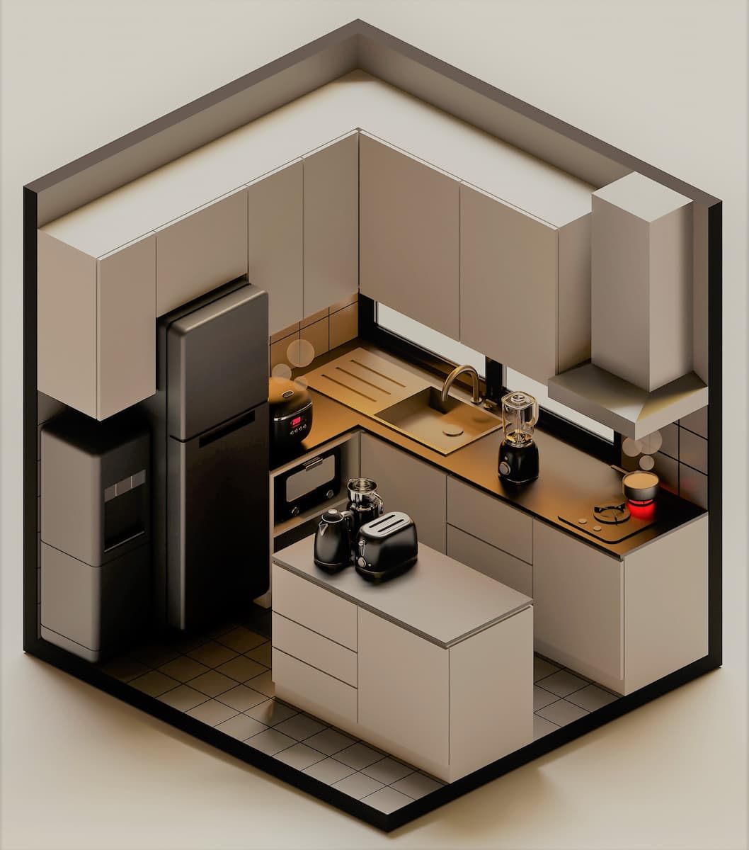 Plan jasnej kuchni zaprojektowany w 3D
